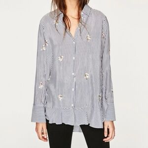 Zara Blue and White Striped Blouse with Floral Embroidery Size Medium